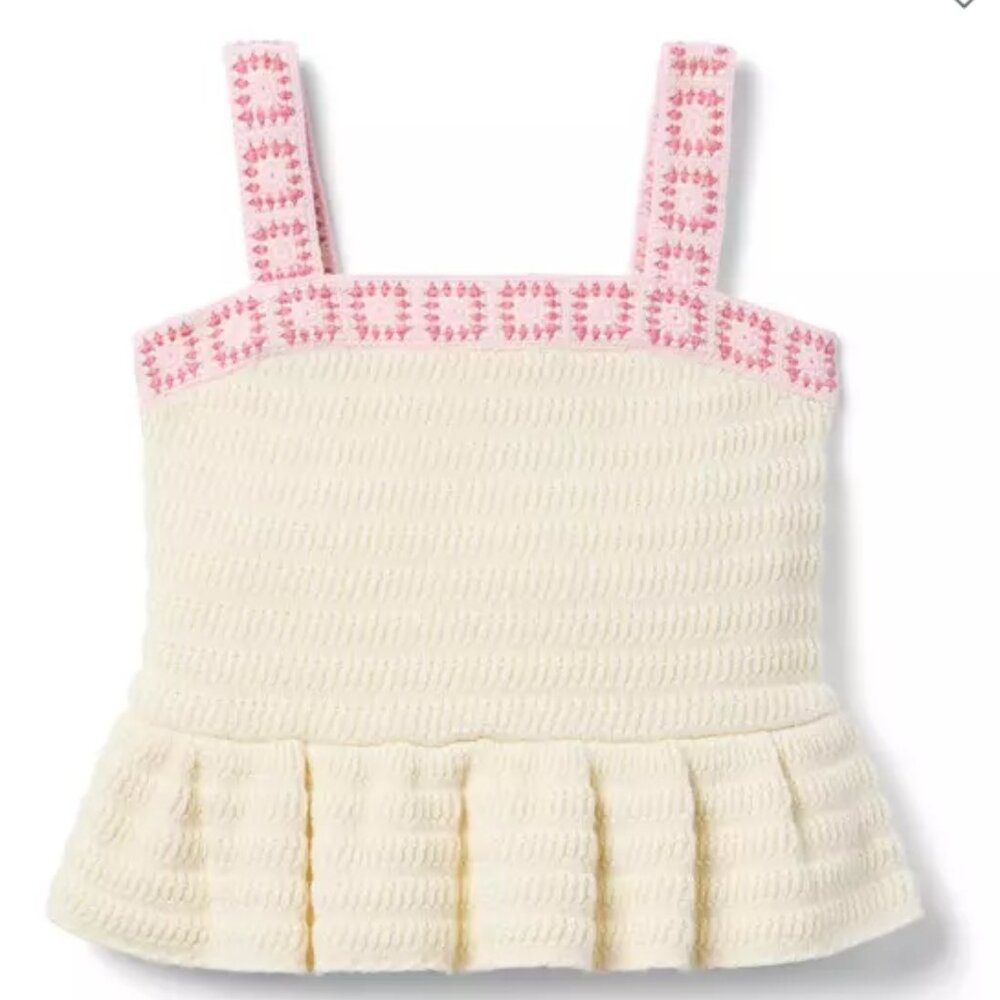 Janie and Jackie Cream and Pink Crochet Floral Trim Peplum Top 8